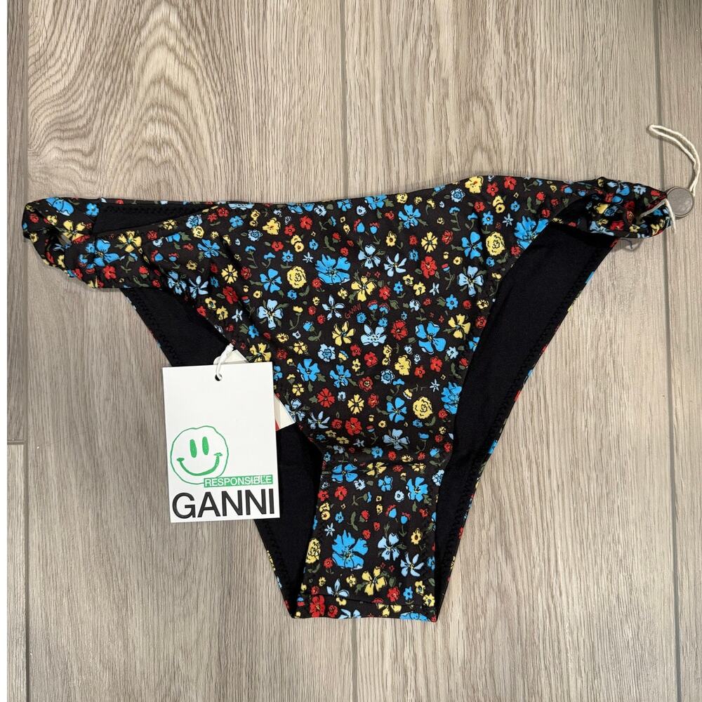 Ganni Dark Floral Twisted Boho Bikini Bottom Black Stylish EU 36 US 4